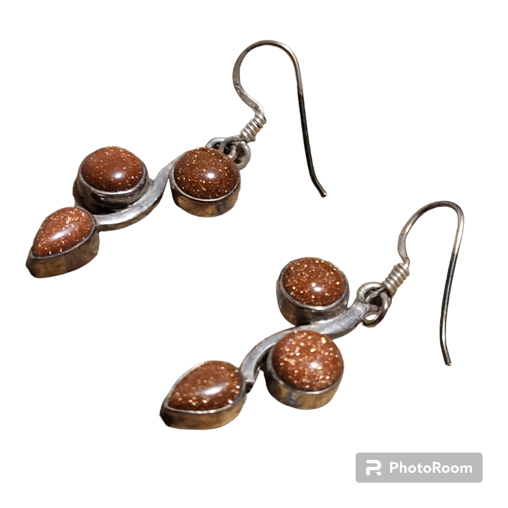 Vintage silver plated with goldstone dangle earrings - Picture 4 of 5